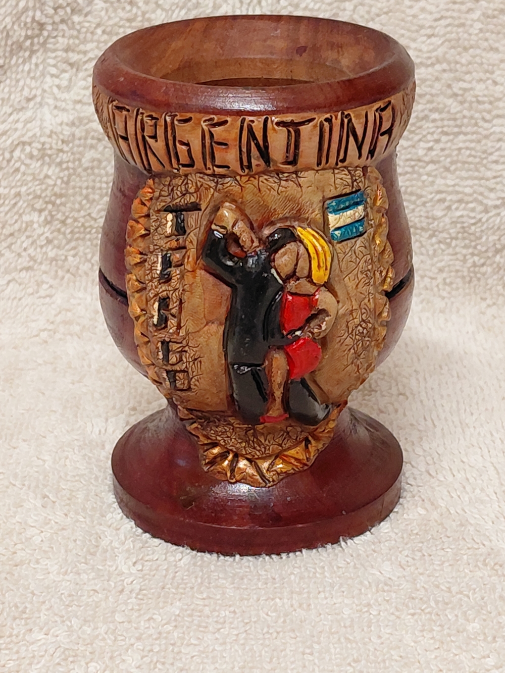 VTG *Argentina Yerba Mate Gourd Hardwood *Handpainted Carved Couple Tango